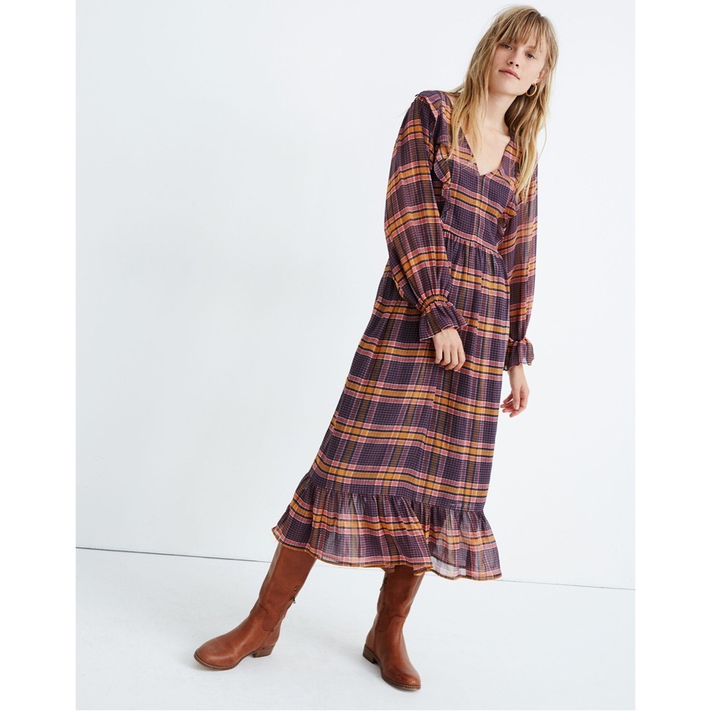 Madewell Sheer Plaid Full-Sleeve Ruffle Dress